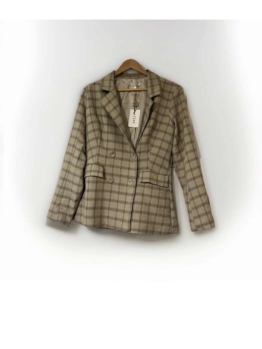 LECHE Women's Med Plaid Blazer Tan Beige Check Double Breasted Suit Jacket NWT